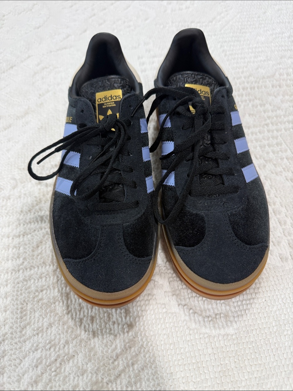adidas gazelle Kids Black Suede Sneakers with Light Blue Stripes and Gum Sole